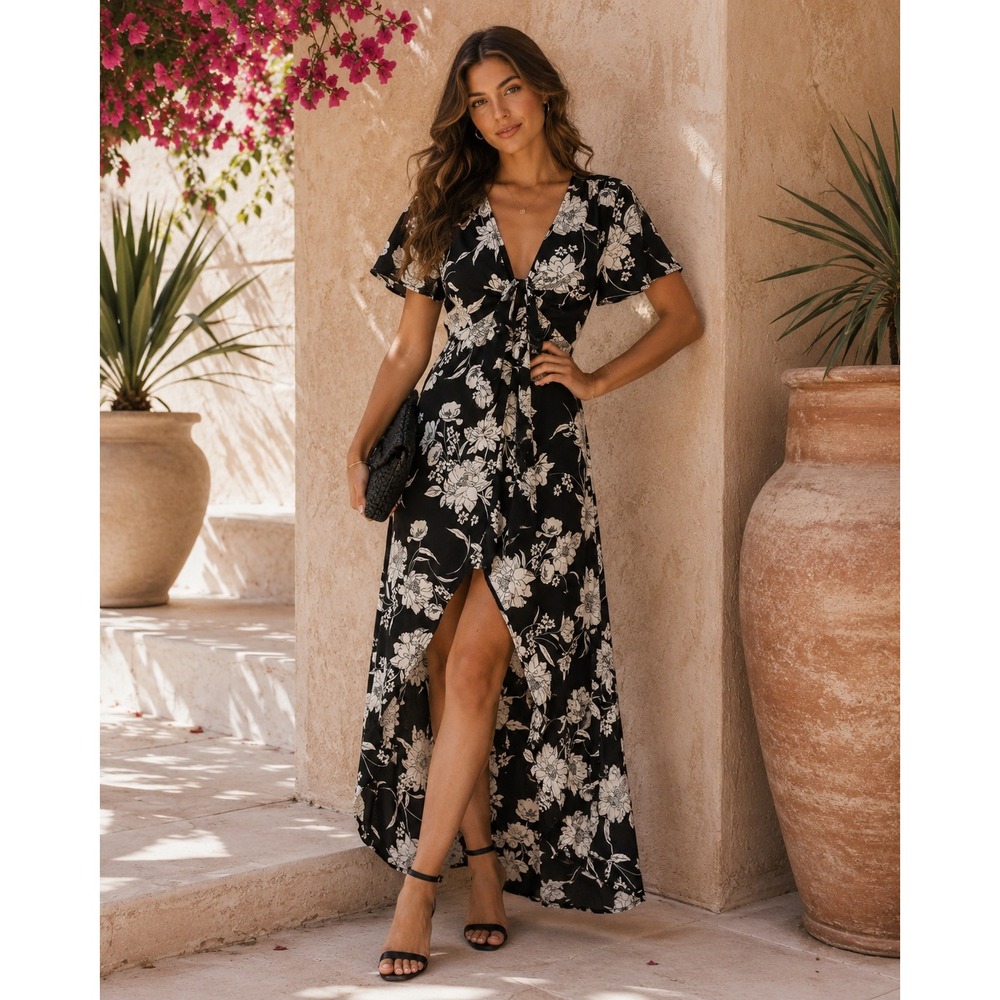 Louna Dress Women Small Black Floral Maxi Boho Wedding Guest